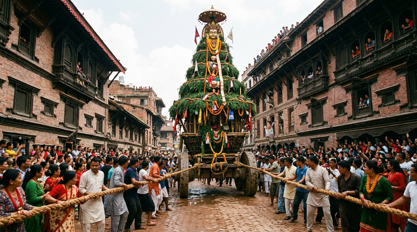 The Sacred Architecture of Rato Machindranath's 60-Foot Chariot
